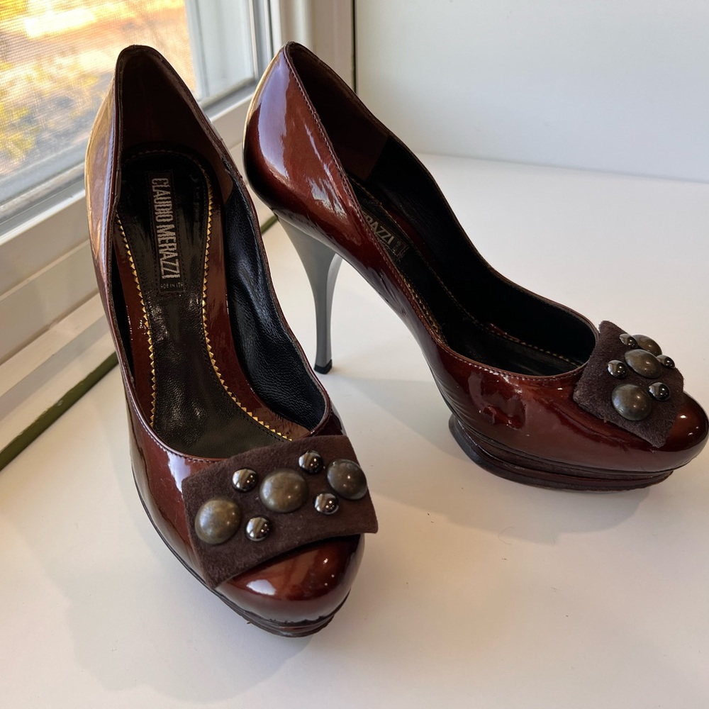 Claudio Merazzi Vero Cuoio Brown Patent Leather Platform Stiletto Heels 37